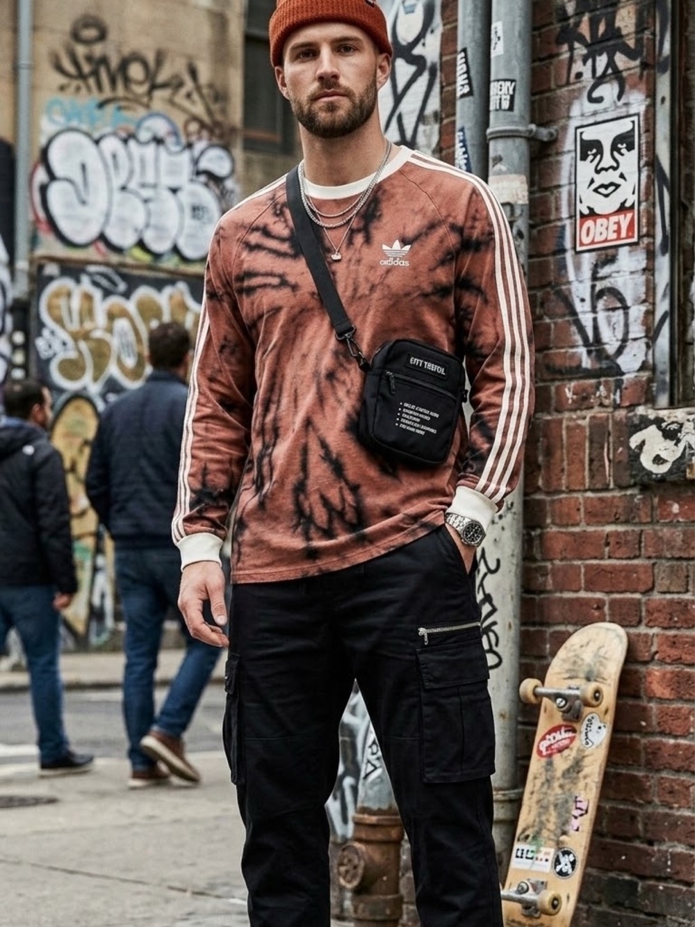 Upcycled adidas Brown & Black Tie-Dye Long Sleeve with Cream Trim